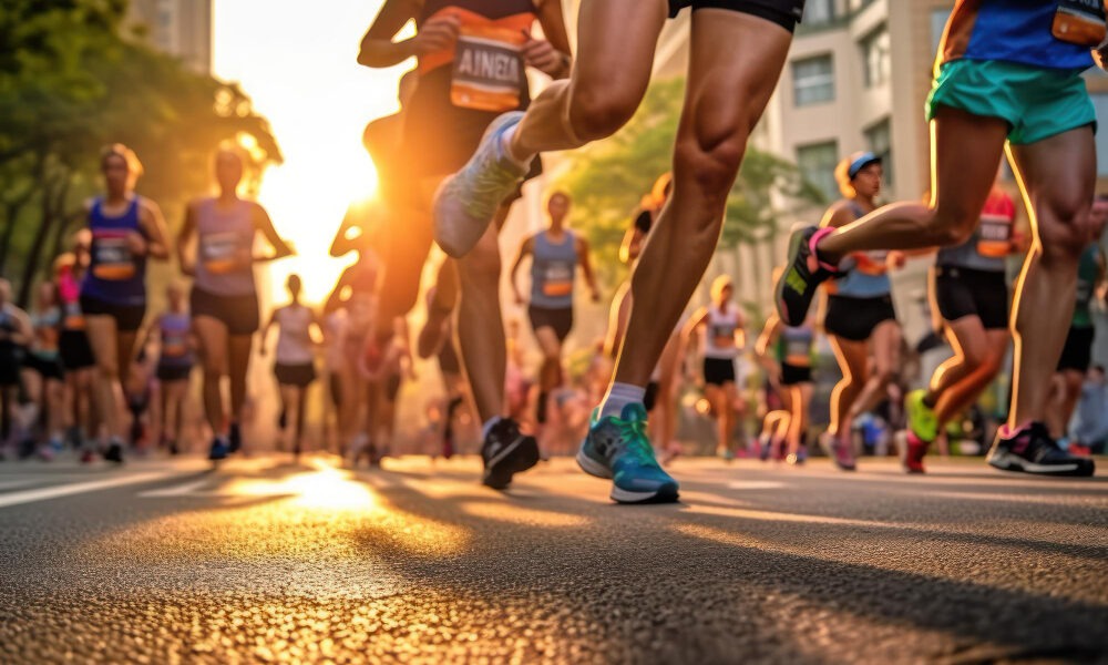 Atletas em uma corrida de rua ao pôr do sol